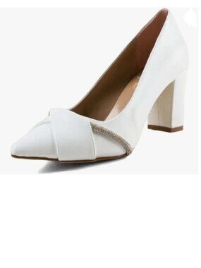 XYD White Rhinestones High Chunky Heel Pumps Slip On Pointed Toe Office Shoes